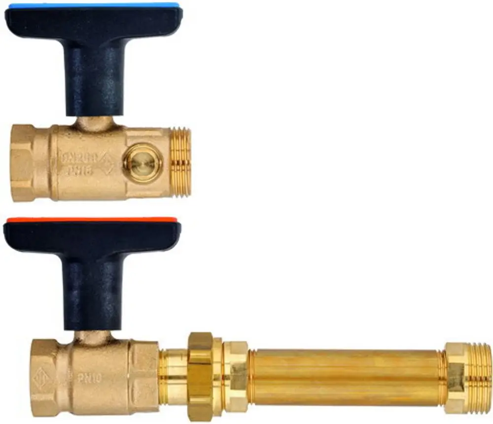 Kugelhahn-Set mit schwarzem Griff und Messingrohr, verwendet für Anschlussanwendungen in Heizsystemen, hergestellt von IMI Hydronic Engineering.